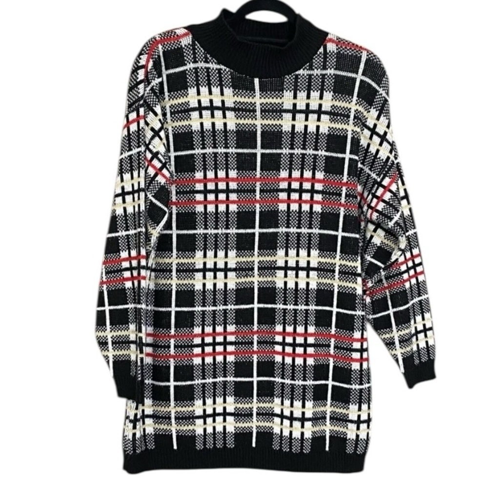 Vintage Windowpane Plaid Grandpa Sweater Black Red Gold Sparkle Eclectic Size L